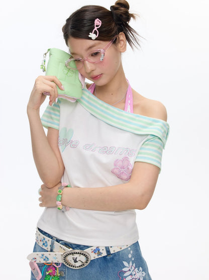 Slanted Shoulder Striped Short Sleeve T-Shirt【s0000016830】