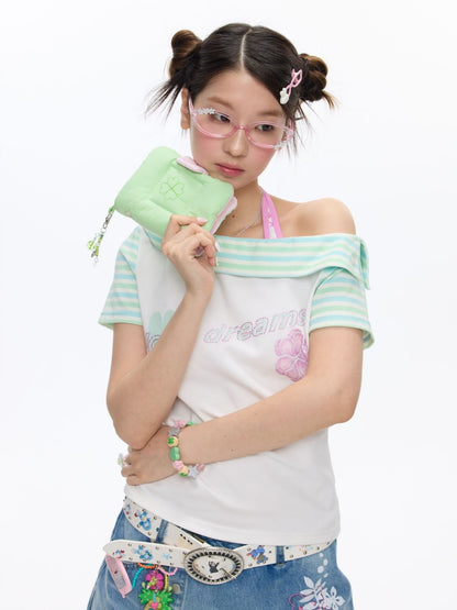 Slanted Shoulder Striped Short Sleeve T-Shirt【s0000016830】