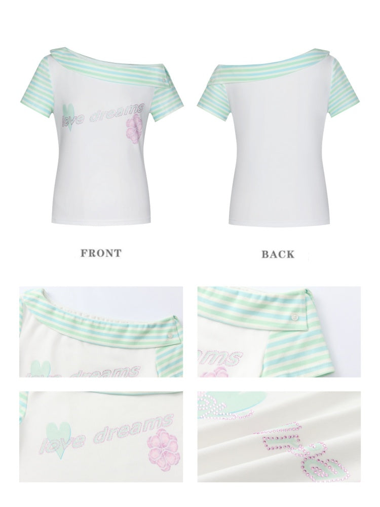 Slanted Shoulder Striped Short Sleeve T-Shirt【s0000016830】