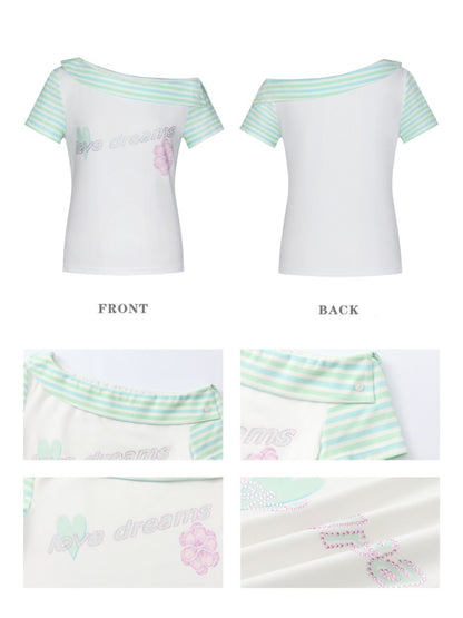 Slanted Shoulder Striped Short Sleeve T-Shirt【s0000016830】
