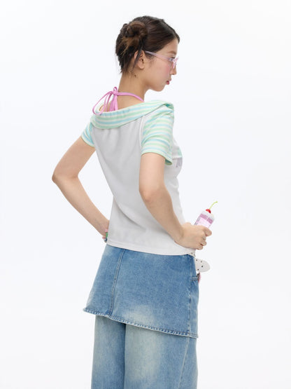 Slanted Shoulder Striped Short Sleeve T-Shirt【s0000016830】