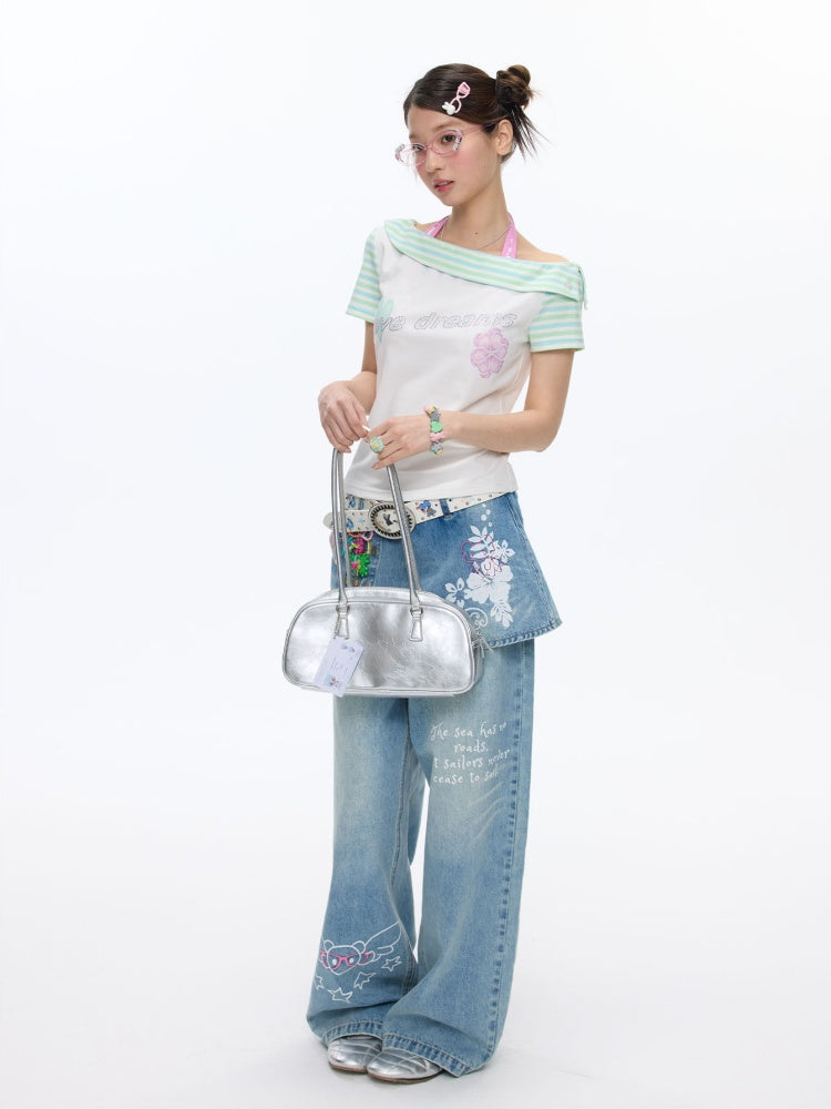 Slanted Shoulder Striped Short Sleeve T-Shirt【s0000016830】