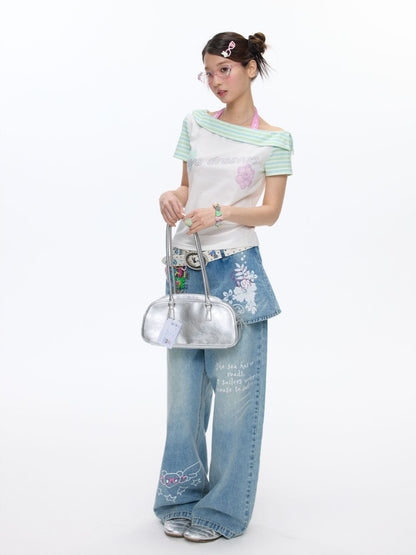 Slanted Shoulder Striped Short Sleeve T-Shirt【s0000016830】