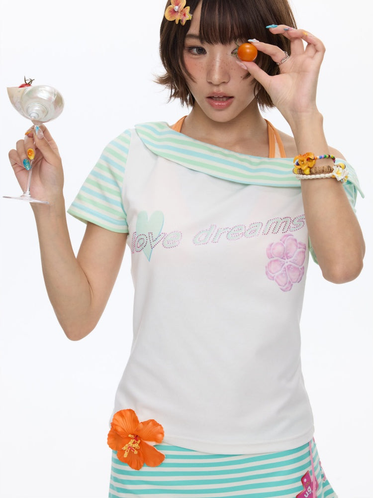 Slanted Shoulder Striped Short Sleeve T-Shirt【s0000016830】