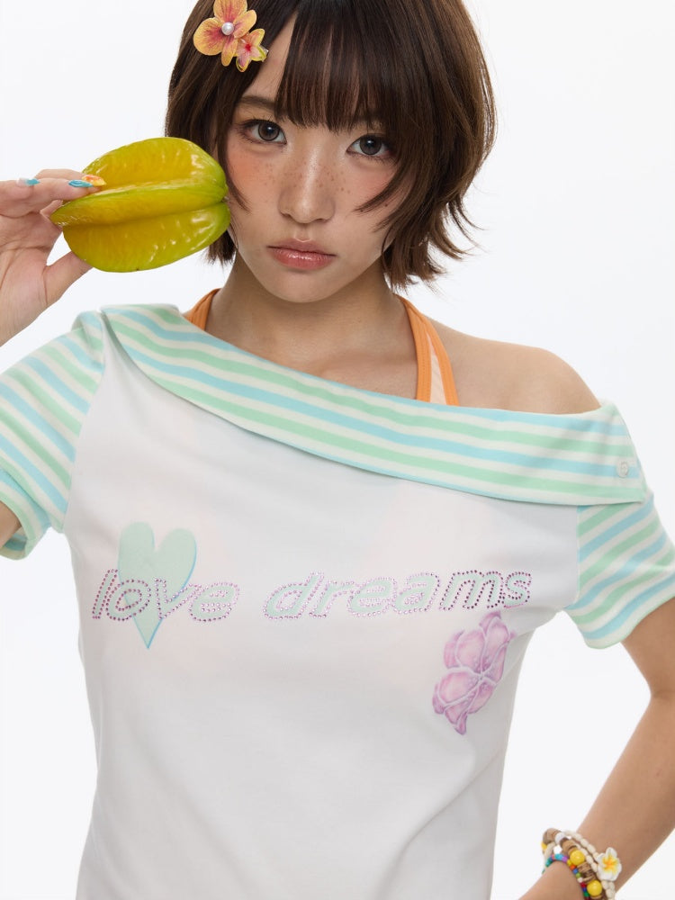 Slanted Shoulder Striped Short Sleeve T-Shirt【s0000016830】