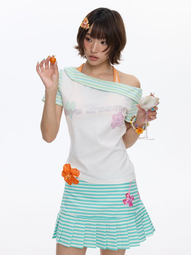 Slanted Shoulder Striped Short Sleeve T-Shirt【s0000016830】