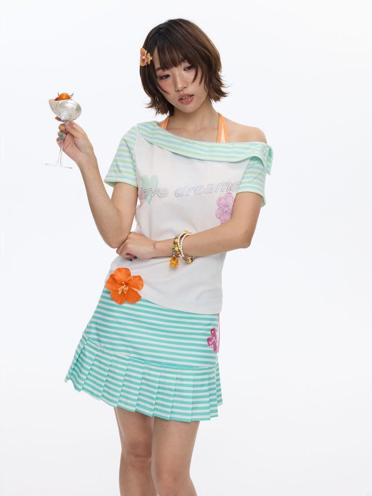 Slanted Shoulder Striped Short Sleeve T-Shirt【s0000016830】