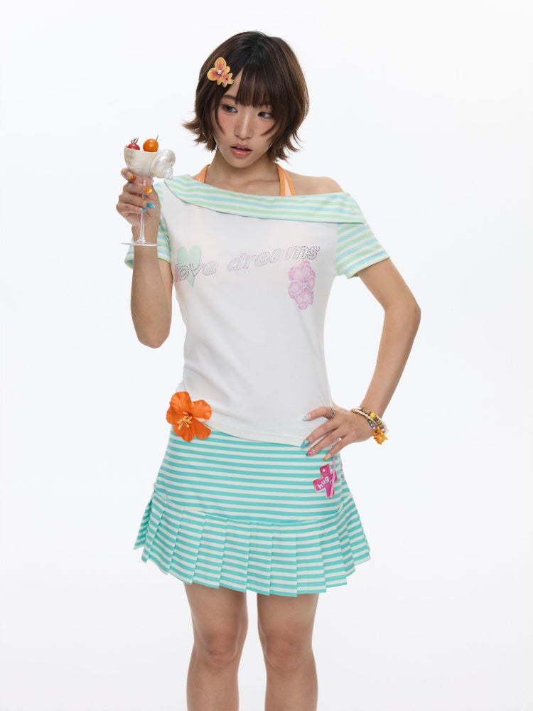 Slanted Shoulder Striped Short Sleeve T-Shirt【s0000016830】