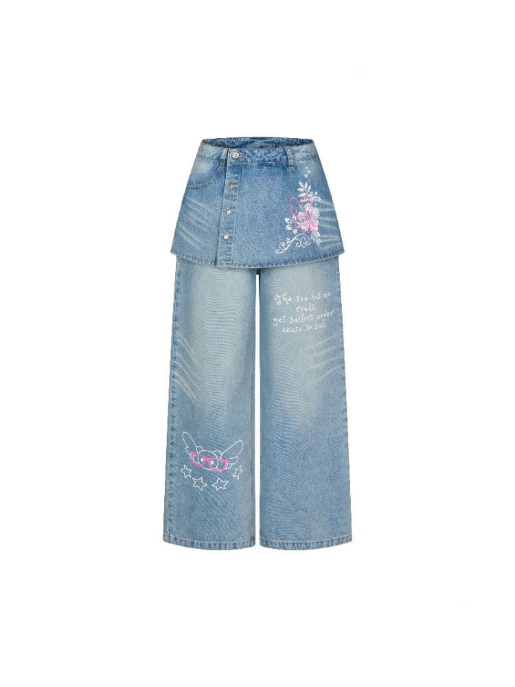 Faux Two-Piece Washed Slim Denim Skirt/Pants【s0000016831】