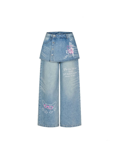 Faux Two-Piece Washed Slim Denim Skirt/Pants【s0000016831】
