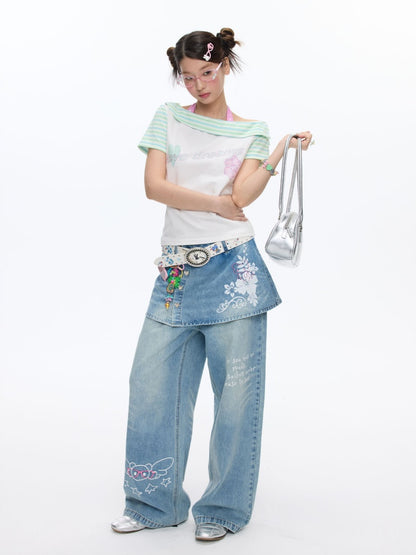 Faux Two-Piece Washed Slim Denim Skirt/Pants【s0000016831】