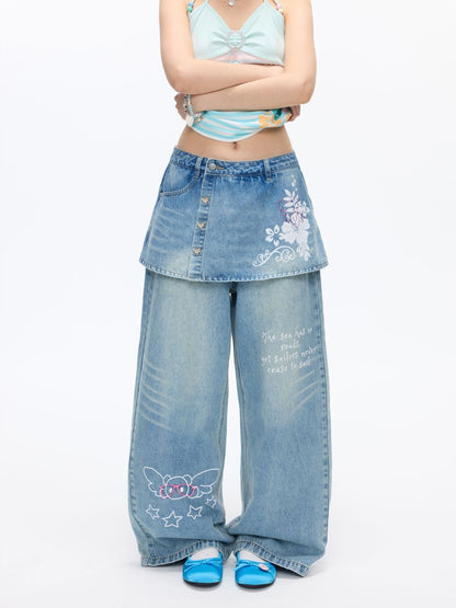 Faux Two-Piece Washed Slim Denim Skirt/Pants【s0000016831】