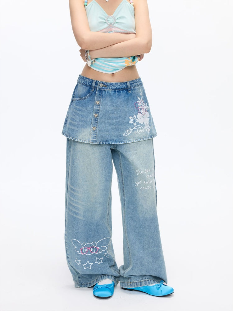 Faux Two-Piece Washed Slim Denim Skirt/Pants【s0000016831】