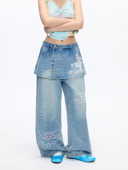 Faux Two-Piece Washed Slim Denim Skirt/Pants【s0000016831】