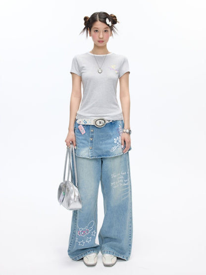 Faux Two-Piece Washed Slim Denim Skirt/Pants【s0000016831】