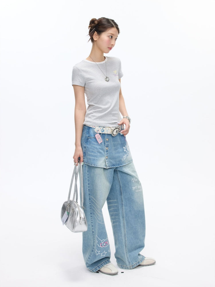 Faux Two-Piece Washed Slim Denim Skirt/Pants【s0000016831】