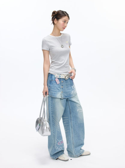 Faux Two-Piece Washed Slim Denim Skirt/Pants【s0000016831】