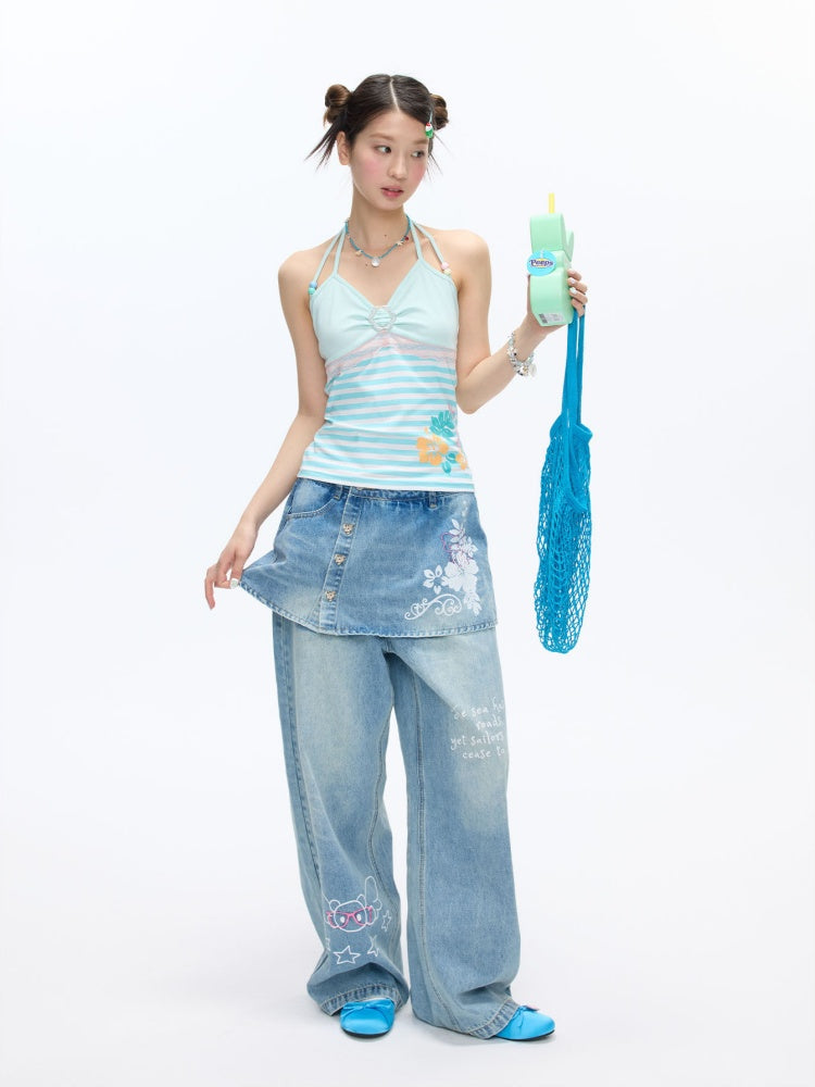 Faux Two-Piece Washed Slim Denim Skirt/Pants【s0000016831】