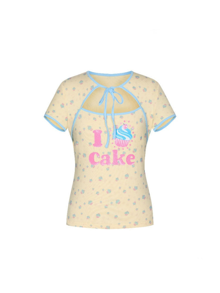 I Love Cake Faux Layered Chinese Slim Short Sleeve T-Shirts【s0000016836】