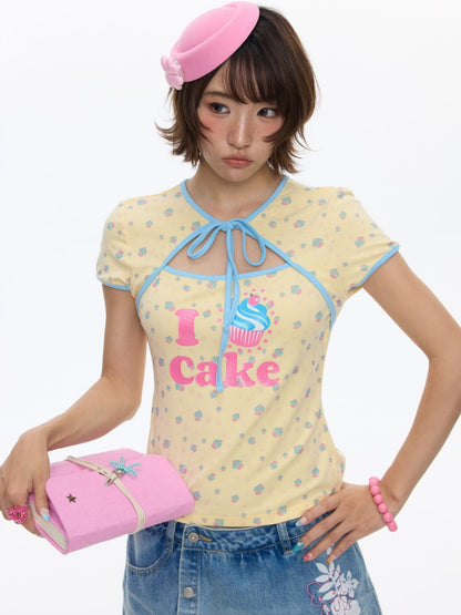 I Love Cake Faux Layered Chinese Slim Short Sleeve T-Shirts【s0000016836】