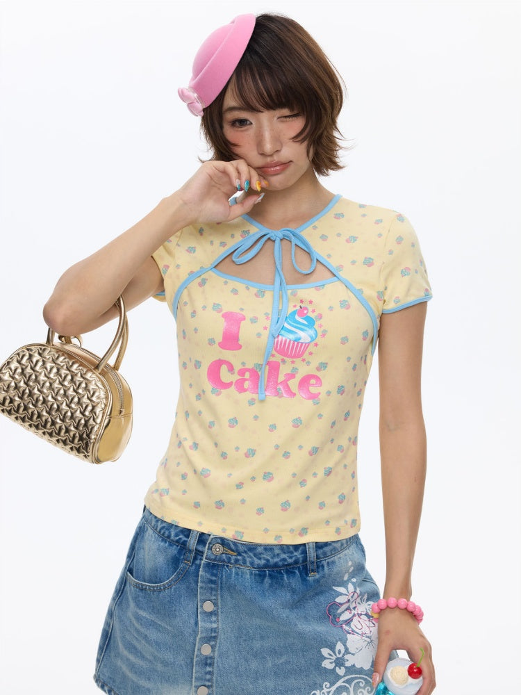 I Love Cake Faux Layered Chinese Slim Short Sleeve T-Shirts【s0000016836】