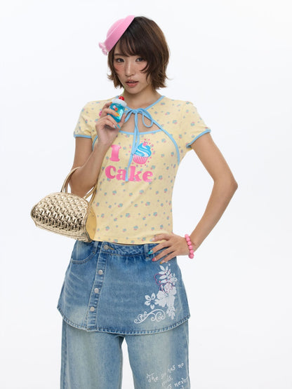 I Love Cake Faux Layered Chinese Slim Short Sleeve T-Shirts【s0000016836】