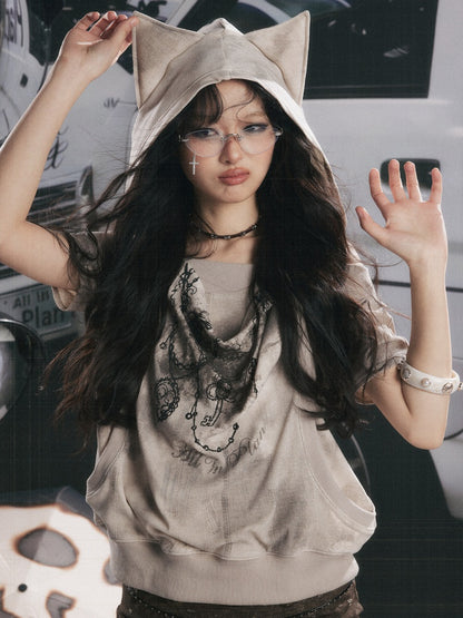 Faux Layered Open-Shoulder Hooded T-Shirt【s0000017051】