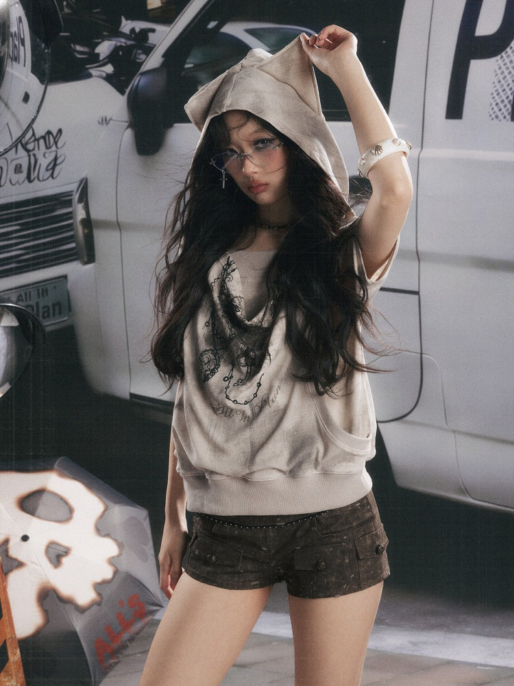 Faux Layered Open-Shoulder Hooded T-Shirt【s0000017051】