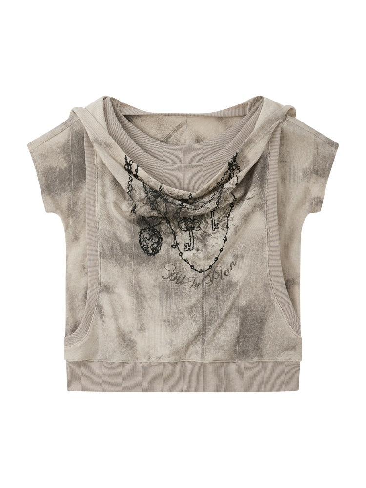 Faux Layered Open-Shoulder Hooded T-Shirt【s0000017051】