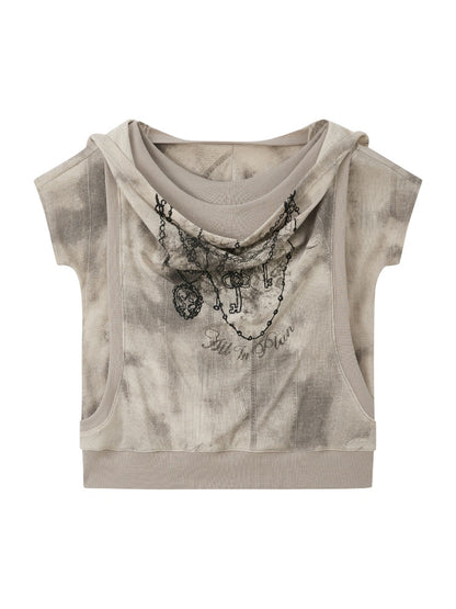 Faux Layered Open-Shoulder Hooded T-Shirt【s0000017051】