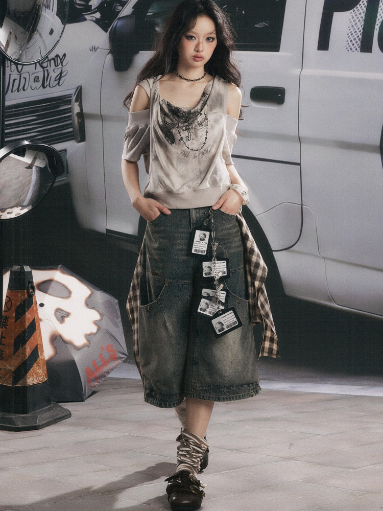 Faux Layered Open-Shoulder Hooded T-Shirt【s0000017051】