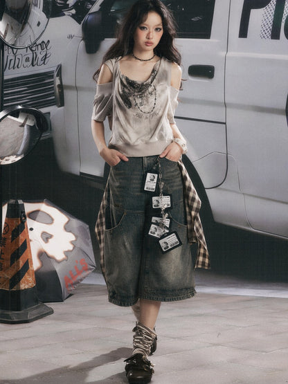Faux Layered Open-Shoulder Hooded T-Shirt【s0000017051】
