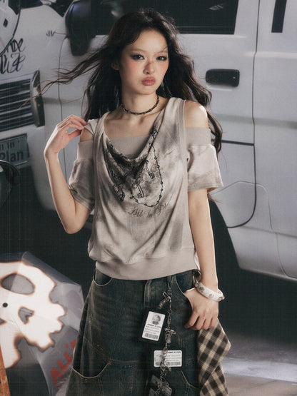 Faux Layered Open-Shoulder Hooded T-Shirt【s0000017051】