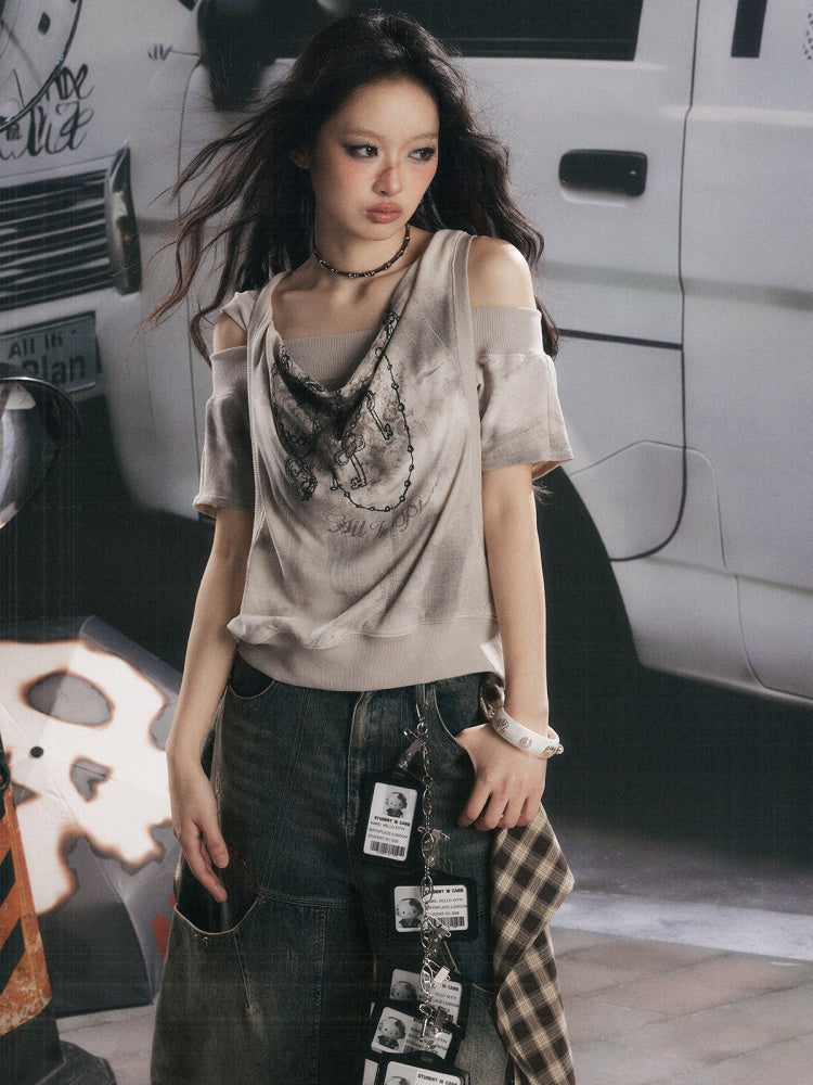 Faux Layered Open-Shoulder Hooded T-Shirt【s0000017051】