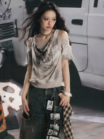 Faux Layered Open-Shoulder Hooded T-Shirt【s0000017051】