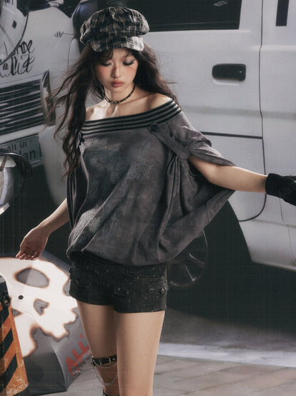 Slanted One-Shoulder Batwing Sleeve Blouse【s0000017052】