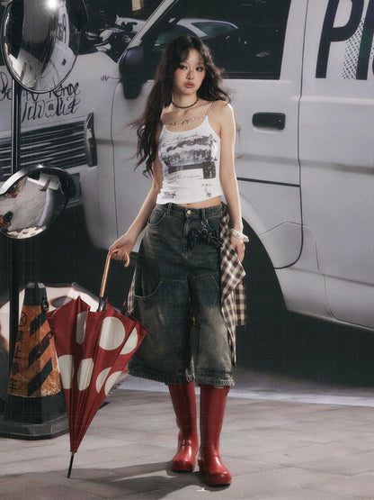 Asymmetric Hem Graphic Cami with Beaded Charm Chain【s0000017053】