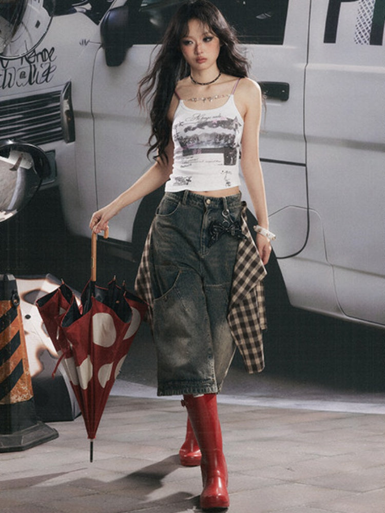 Asymmetric Hem Graphic Cami with Beaded Charm Chain【s0000017053】