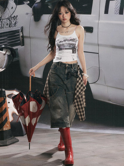 Asymmetric Hem Graphic Cami with Beaded Charm Chain【s0000017053】