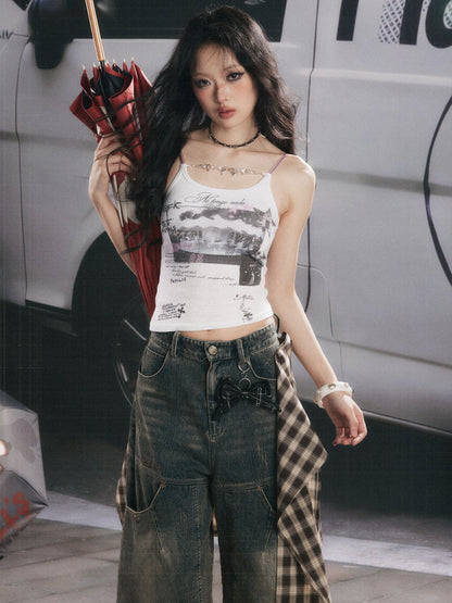 Asymmetric Hem Graphic Cami with Beaded Charm Chain【s0000017053】