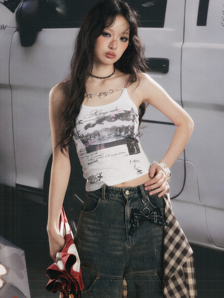 Asymmetric Hem Graphic Cami with Beaded Charm Chain【s0000017053】