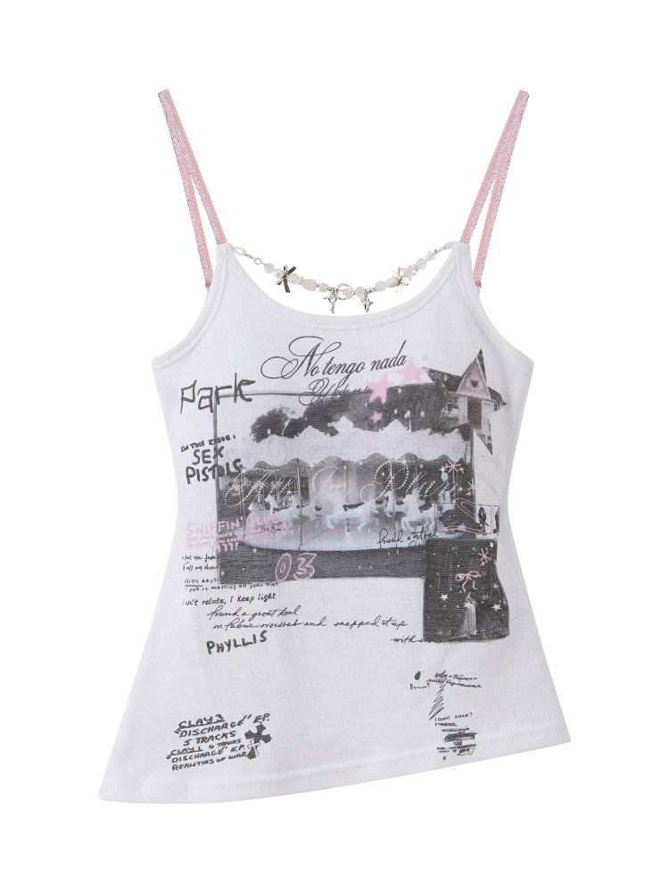 Asymmetric Hem Graphic Cami with Beaded Charm Chain【s0000017053】