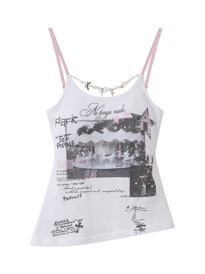 Asymmetric Hem Graphic Cami with Beaded Charm Chain【s0000017053】