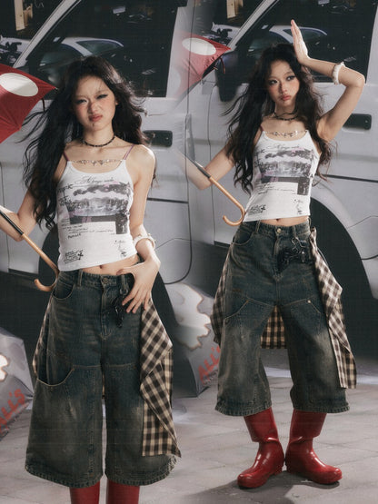 Asymmetric Hem Graphic Cami with Beaded Charm Chain【s0000017053】