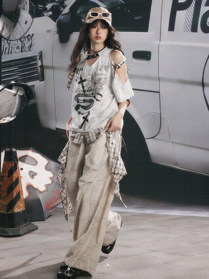 Off-Shoulder Plaid Patchwork Short-Sleeved T-Shirt【s0000017054】