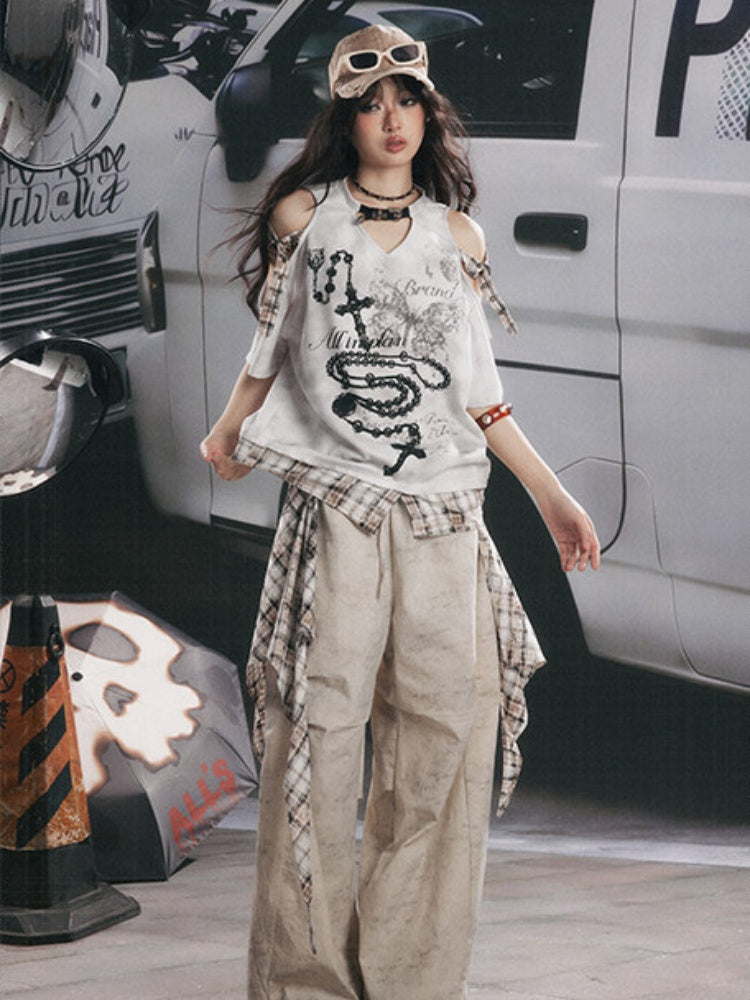 Off-Shoulder Plaid Patchwork Short-Sleeved T-Shirt【s0000017054】