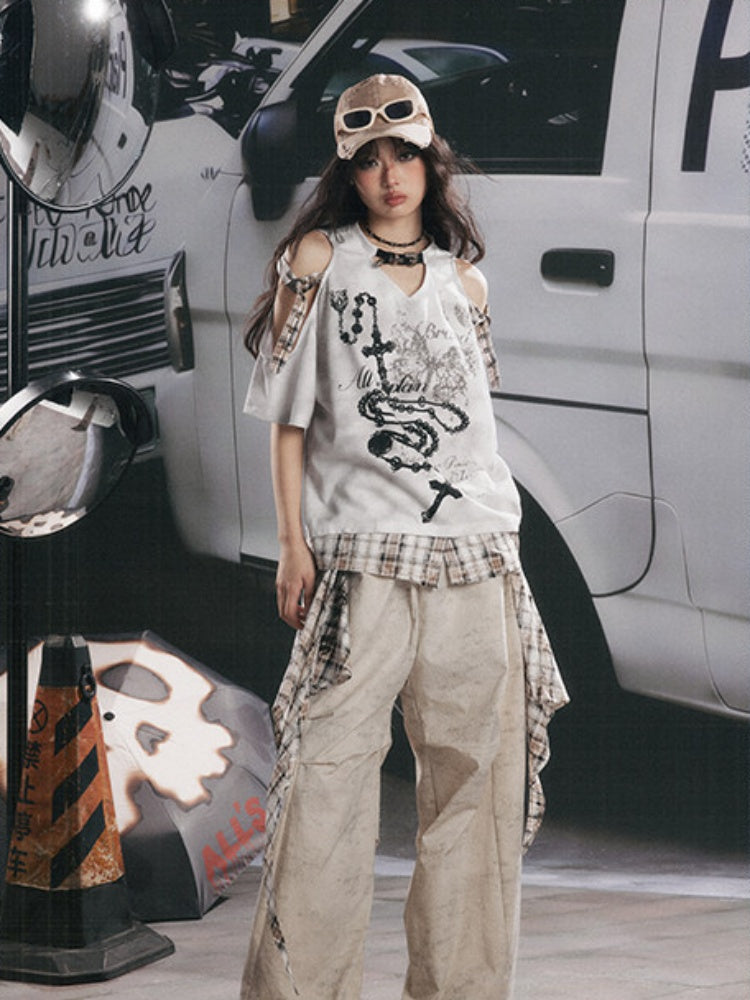 Off-Shoulder Plaid Patchwork Short-Sleeved T-Shirt【s0000017054】