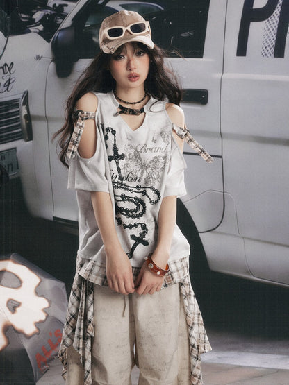 Off-Shoulder Plaid Patchwork Short-Sleeved T-Shirt【s0000017054】