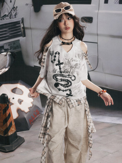 Off-Shoulder Plaid Patchwork Short-Sleeved T-Shirt【s0000017054】