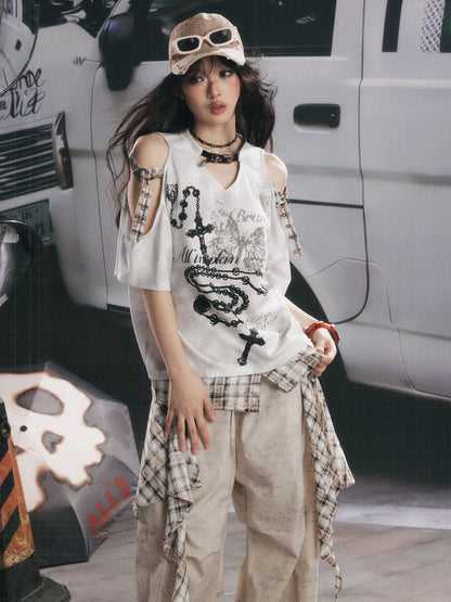Off-Shoulder Plaid Patchwork Short-Sleeved T-Shirt【s0000017054】